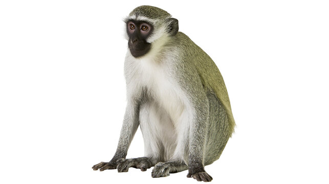 Vervet monkey sitting with light grey and green fur