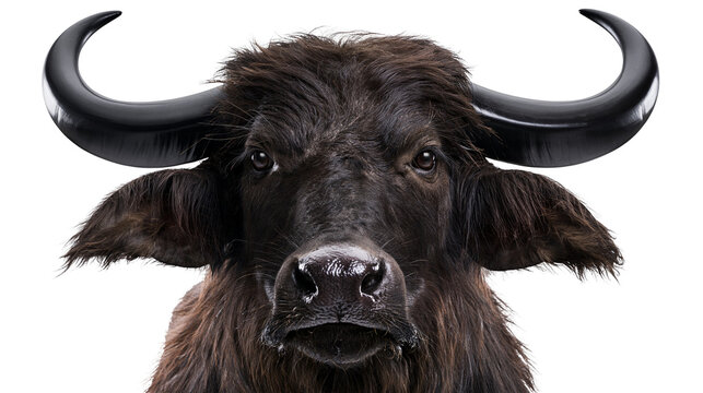Black water buffalo head with large curved horns