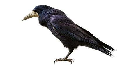 Black rook bird with pale beak standing on white © Natalia
