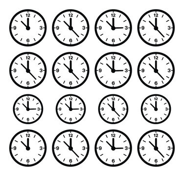 Colecci&oacute;n de relojes anal&oacute;gicos en blanco y negro que muestran diferentes horas