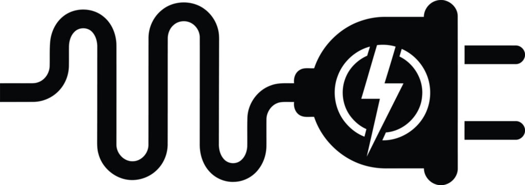 Black silhouette of an electric plug with a zigzag wire and lightning bolt symbol