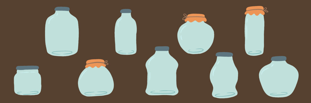 Vector set of cute empty glass jars with lids and craft covers for homemade jam and preserves isolated on dark background. Cute children illustration elements for game or education book.