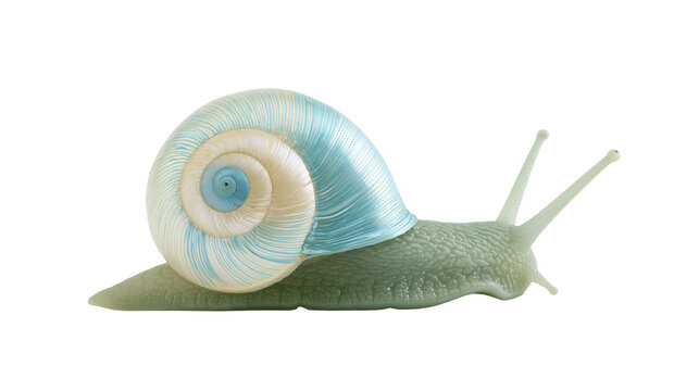 Snail with blue and cream spiral shell on white