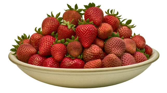 Bowl of ripe red strawberries with green leaves
