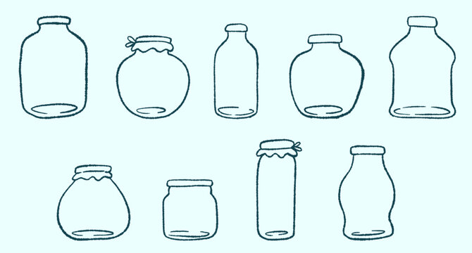 Hand drawn vector set of empty glass jars in line art style for canning and food preservation isolated on light background. Cute children illustration elements for game or education book.