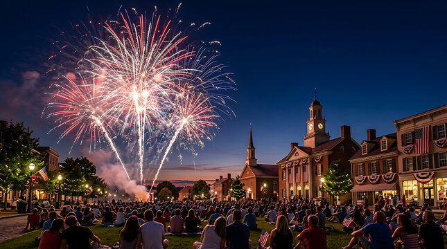 A spectacular firework celebration with a massive crowd during American Independence Day festivities in a beautiful historic town square