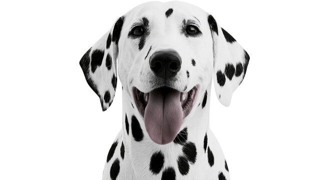 Dalmatian dog with black spots, panting with tongue out