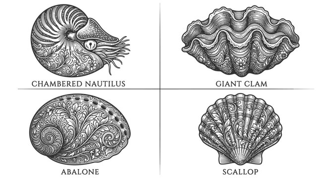 Chambered nautilus, giant clam, abalone, and scallop are depicted in this detailed black and white vintage style scientific collection illustration.