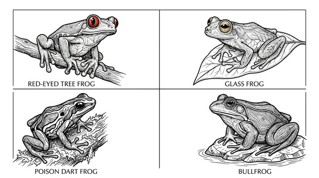Amphibian collection displays a red-eyed tree frog, glass frog, poison dart frog, and bullfrog in a four-paneled scientific layout.