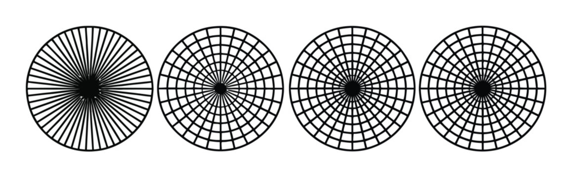 Cuatro patrones geom&eacute;tricos circulares con l&iacute;neas radiales y de cuadr&iacute;cula