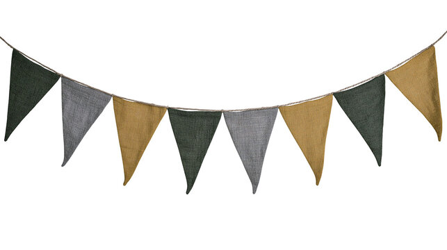 Bunting flags in green grey, and ochre colors on a string
