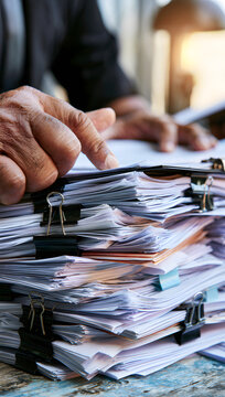 Individuals' hands meticulously review and organize voluminous business documents and financial reports fastened with binder clips, showcasing the strenuous nature of administrative tasks