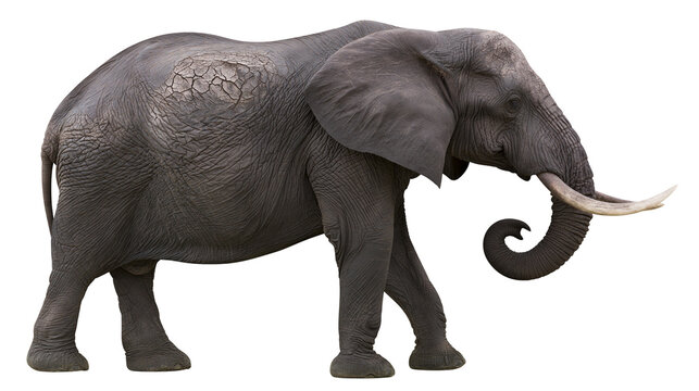 African elephant with large tusks and wrinkled skin