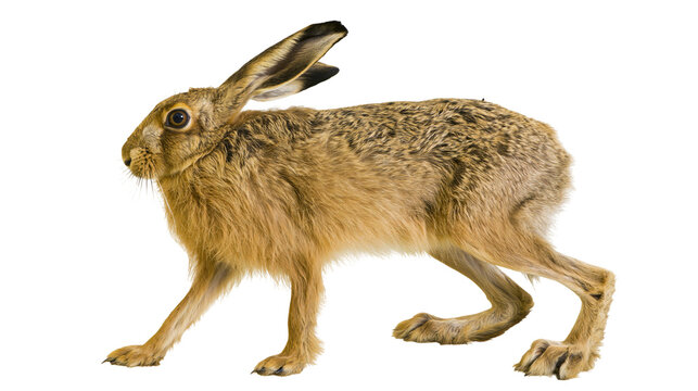 Brown hare with long ears standing on white