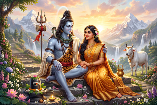 Lord Shiva and Parvati divine background in serene Himalayan mountain landscape