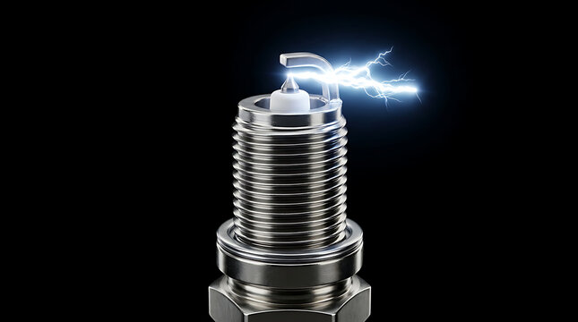New car spark plug close up with powerful electric spark isolated on black background