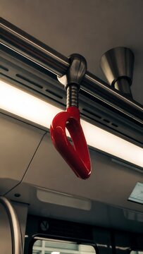 Red plastic handrail handle hanging from metal bar in subway car. Public transport interior detail. Urban commuting concept.