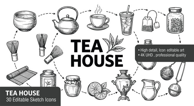 Black and white sketch tea house vector illustration featuring icons of matcha bowl, teapot, cup, iced tea, tea bag, loose leaf jar, whisk, samovar, honey jar, and lemon slice.