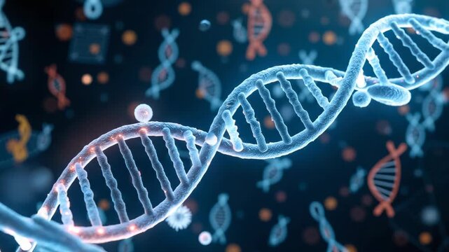 Glowing dna double helix against dark scientific background subtle motion enhances molecular structure clarity isolated strands emit soft blue and orange highlights abstract shapes float around primar