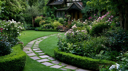 Fototapeta premium A beautifully landscaped garden with a winding stone pathway surrounded by lush greenery and blooming flowers.