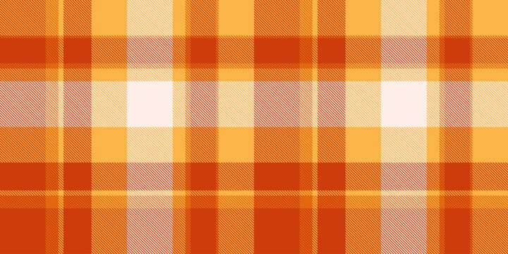 A traditional tartan plaid pattern with a balanced check structure and orange and amber tones. The seamless textile background recreates a woven fabric look with a natural decorative character.