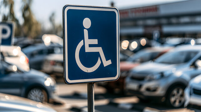 A close-up view of a blue and white handicap parking sign was captured in the parking lot of a shopping center on a sunny day, with blurred cars, an accessibility concept, and public facility photogra