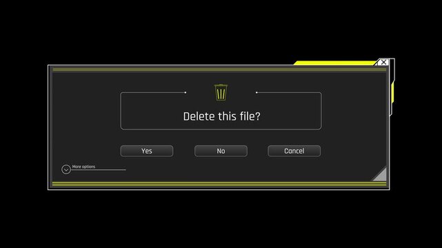 Futuristic System Delete File Confirmation Dialog With Yes No And Cancel Buttons On Black Background