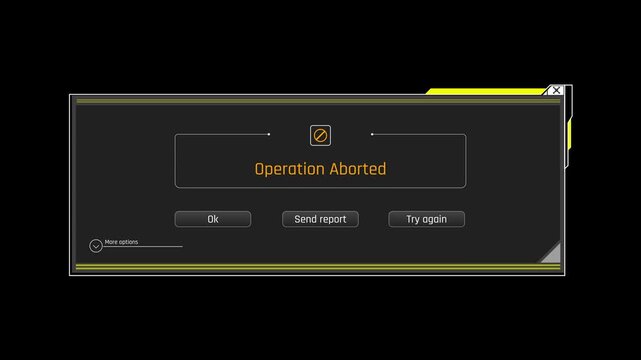 Futuristic Operation Aborted System Message With Send Report And Try Again Error Recovery Options