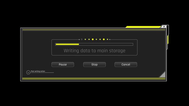 Futuristic Writing Data To Main Storage System Message With Progress Indicator And Process Controls