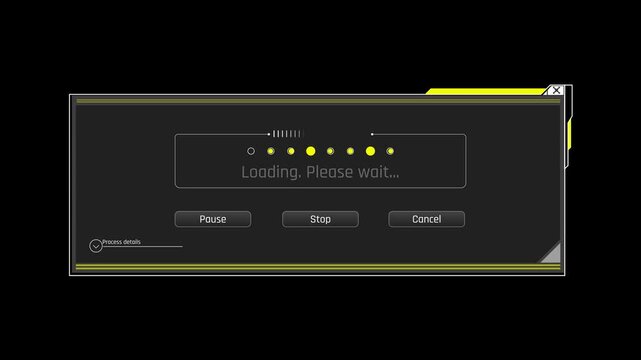 Futuristic Loading System Message With Progress Indicator And Pause Stop Cancel Process Controls