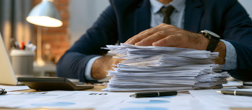 A business professional reviews performance reports and audits stacks of documents at their office desk. They are conducting a corporate audit, performing compliance checks, and analyzing data