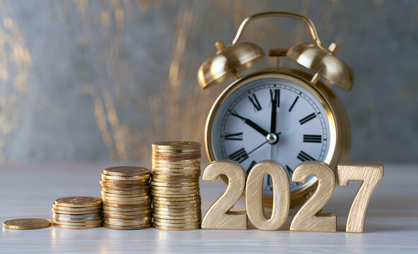 An alarm clock featuring stacked coins and symbolizing financial planning, savings, investment growth, budgeting, retirement goals, and wealth management, indicates the transition of new years from 20