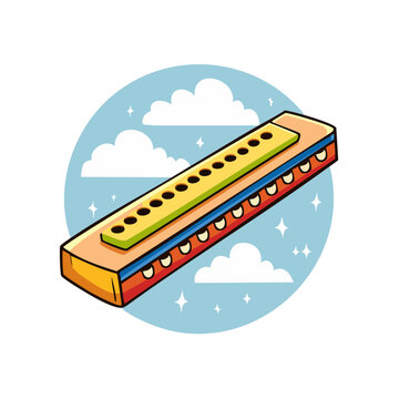 Colorful cartoon harmonica with musical notes and clouds in a circular frame
