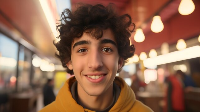 Young man taking a selfie. Smiling guy posing for a portrait photo.