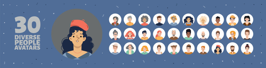 Fototapeta premium 30 diverse people avatars collection of flat character icons for user profile