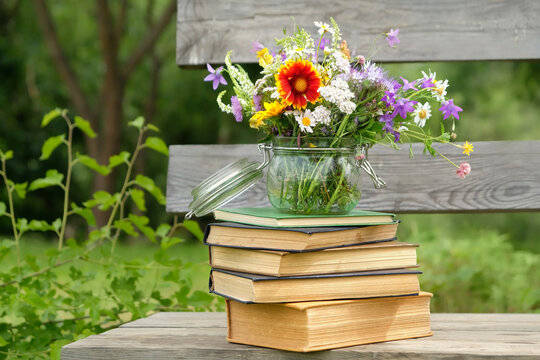 glass jar full of different colorful flowers and stack of books on bench in garden. summer season. Healthy plants harvest for preparation infusion, tea. Reading, knowledge botany, study of herbs