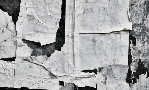 Ripped, black and white, vintage, grunge-style, creased, and crumpled old posters with textures, backgrounds, and vintage collage elements for square spaces, empty areas, and text