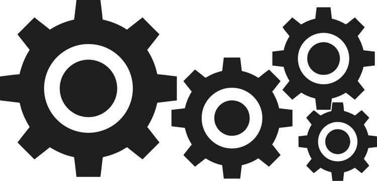 A set of three black mechanical gear icons isolated on a white background representing industrial engineering concepts