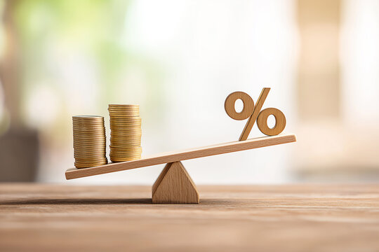 percent sign and coins on a wooden table