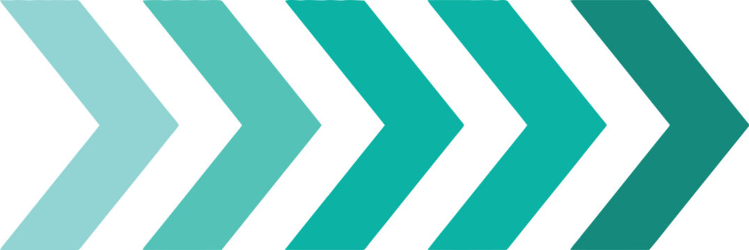A row of five gradient teal chevron arrows pointing to the right isolated on a plain white background