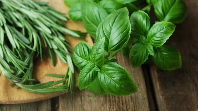 Basil leaves and rosemary sprigs on wooden board. Fresh herbs background, seasoning.
