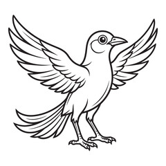 Fototapeta premium Small bird with open wings standing on ground line art vector for coloring activity.