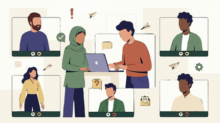 Fototapeta premium Virtual Online Meeting with Diverse Team Collaboration Illustration