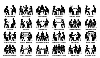 Obraz premium Business Team Collaboration and People Meeting Vector Silhouette Set