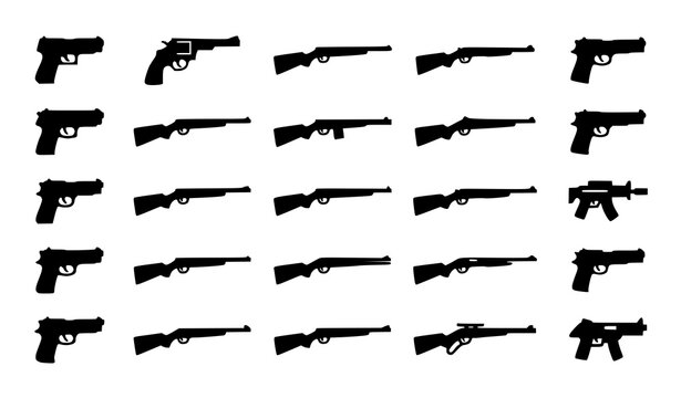 Handgun Rifle and Firearm Weapon Collection Vector Silhouette Set