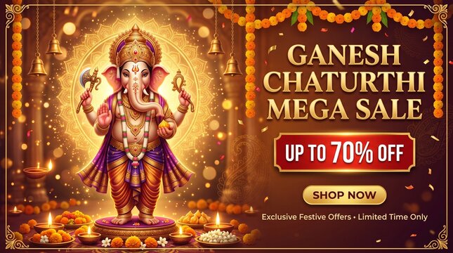 Lord Ganesha Festival Sale Banner with Golden Divine Illustration and Discount Offer for Marketing Promotion