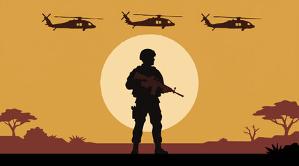 Soldier silhouette at sunset with military helicopters flying over desert landscape © Siamart