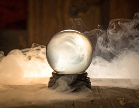Mystical orb on a wooden surface, enveloped in swirling smoke and mist