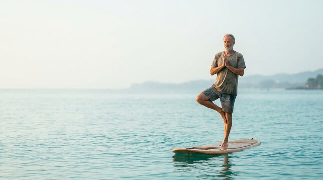 Elderly Paddleboard Yoga Man Balancing on a Paddleboard in Calm Ocean