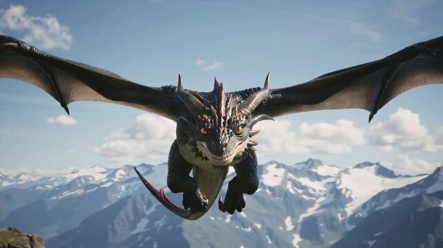 Dragon flying over mountains in bright sky during daytime